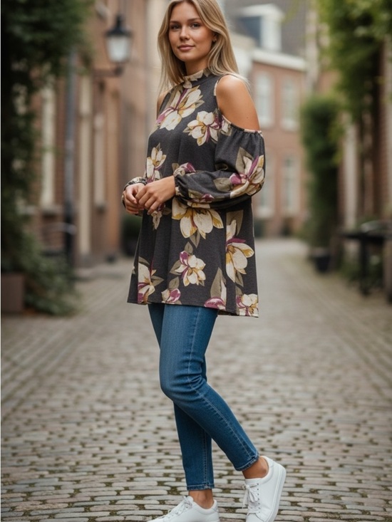 Lazy Sunday Dresses & Skirts - Lazy Sunday Cold Shoulders Floral Long Sleeves Tunic Dress Size Large